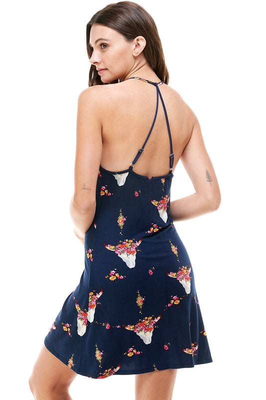 FLORAL COW SKULL MINI DRESS