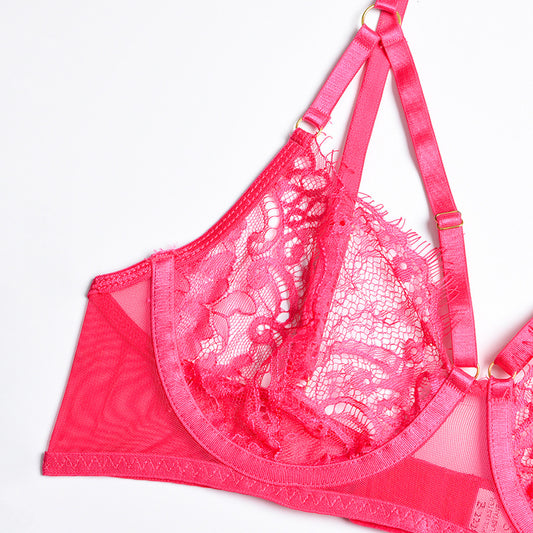 Hot Pink Sexy Sheer Floral Lace Bra Set with Tassel Girdle Bra Details