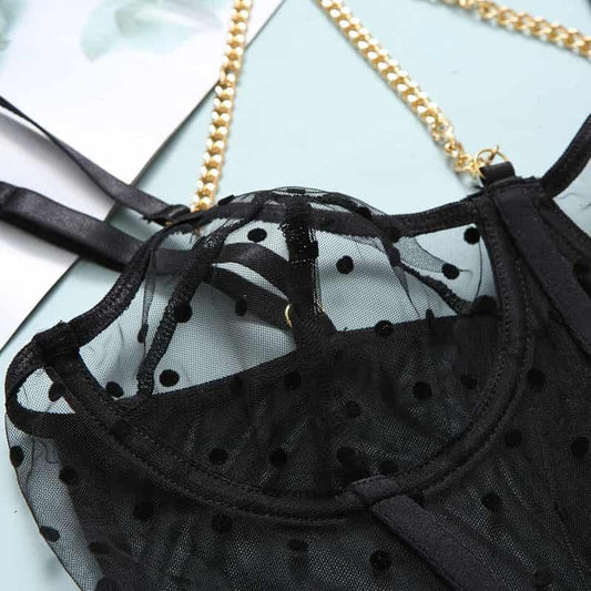 Lace Polka Dot Ruffle Bustier Bra Set Bra Details