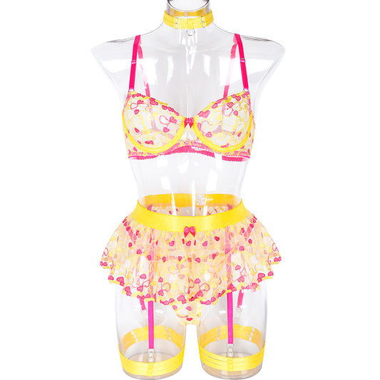 Wholesale Lace and Eyelash Bra and Panty Set with Love Embroidery Front Show