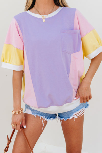 Purple Color Block Patchwork Half Sleeve Oversized T Shirt