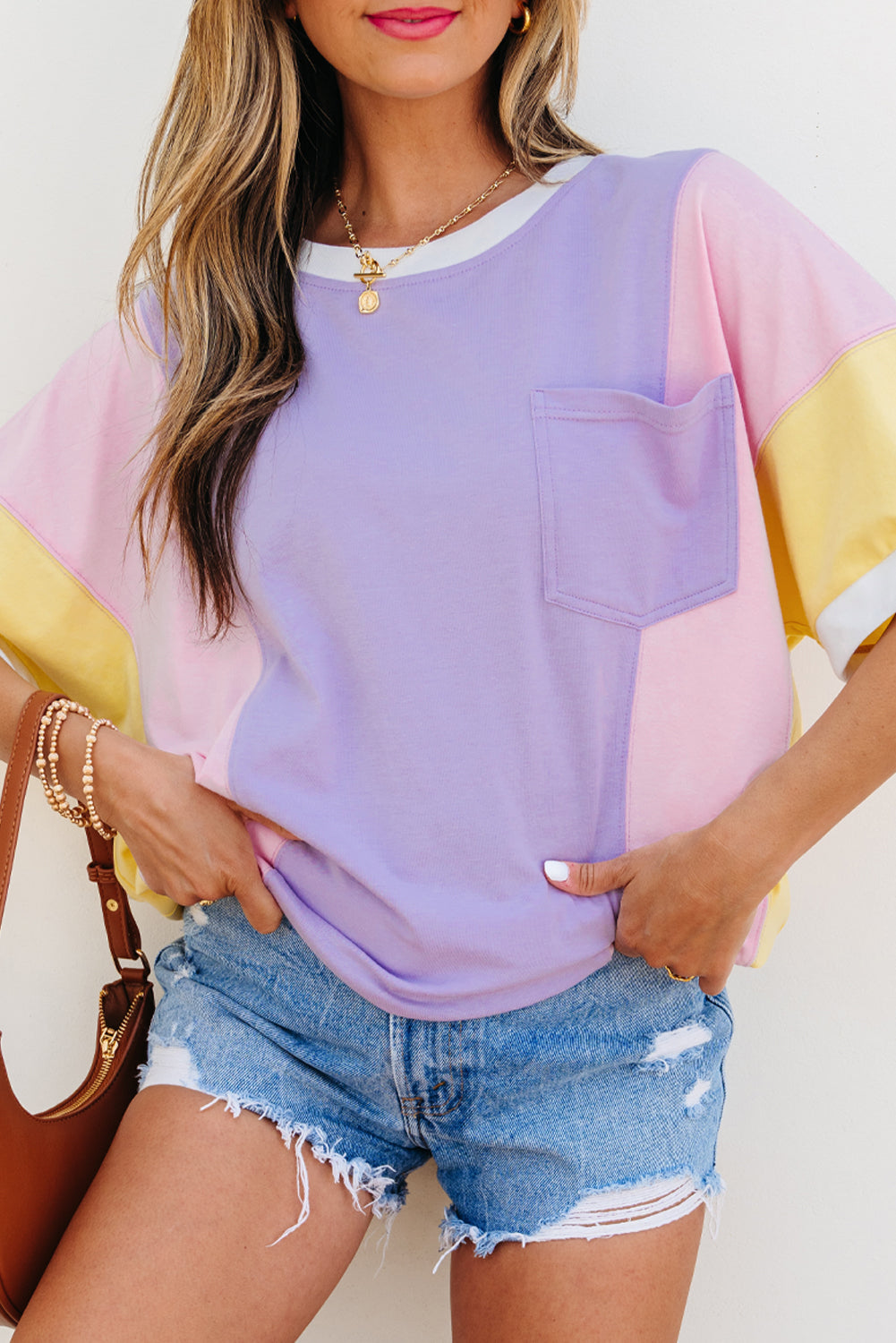 Purple Color Block Patchwork Half Sleeve Oversized T Shirt