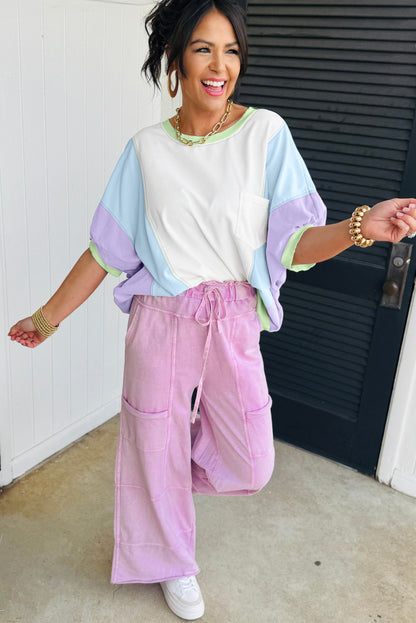 White Color Block Patchwork Half Sleeve Oversized T Shirt