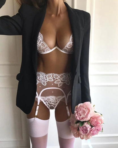 Embroidered Floral Lace Lingerie Set - 3 Pieces