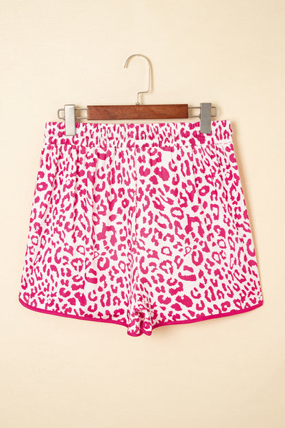 Pink Leopard Elastic Waistband Lace up Contrast Trim Casual Shorts