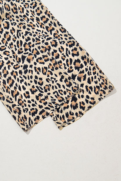 Parchment Leopard Drawstring Elastic Waistband Flowy Wide Leg Pants
