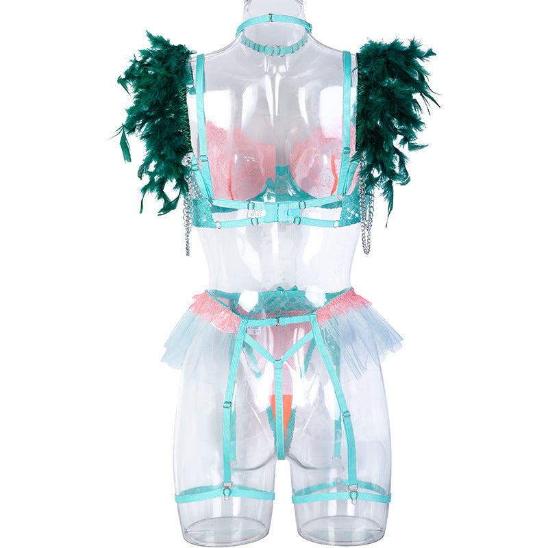 Green Diamond Mesh Bra Set with Feathered Shoulder Straps Back View