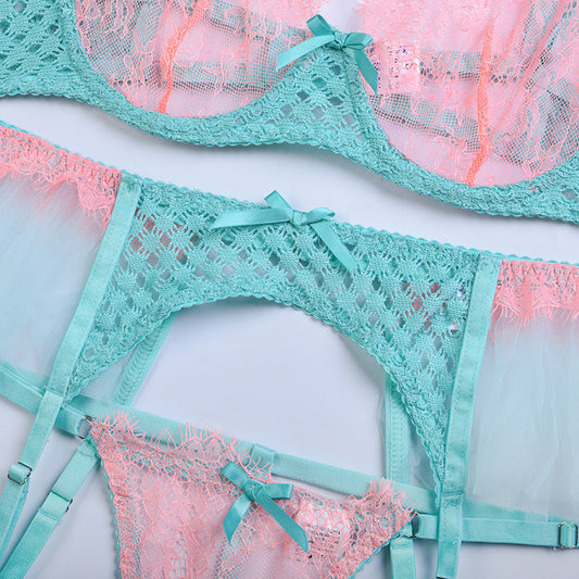 Green Diamond Mesh Bra Set with Feathered Shoulder Straps Fabric Details