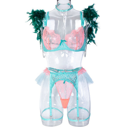 Green Diamond Mesh Bra Set with Feathered Shoulder Straps Front View