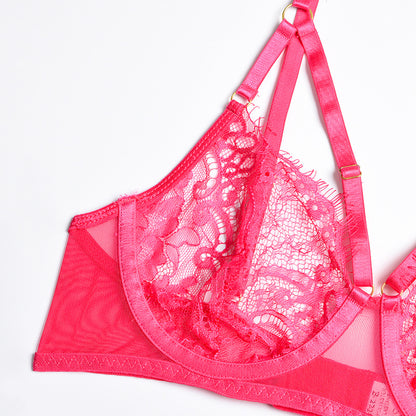 Hot Pink Sexy Sheer Floral Lace Bra Set with Tassel Girdle Bra Details