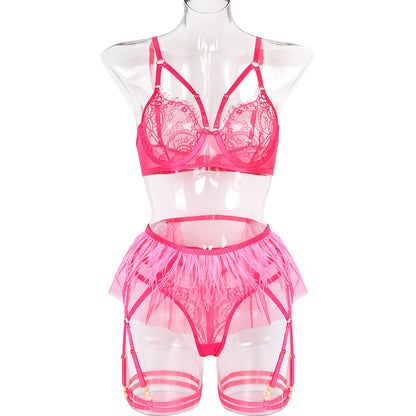 Hot Pink Sexy Sheer Floral Lace Bra Set with Tassel Girdle Front View