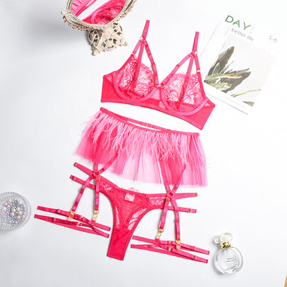 Hot Pink Sexy Sheer Floral Lace Bra Set with Tassel Girdle Over View