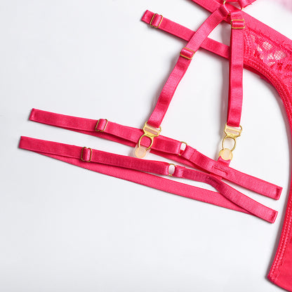 Hot Pink Sexy Sheer Floral Lace Bra Set with Tassel Girdle Strapy Details