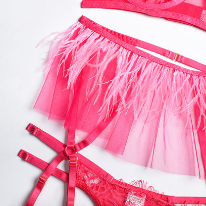 Hot Pink Sexy Sheer Floral Lace Bra Set with Tassel Girdle Waist Details