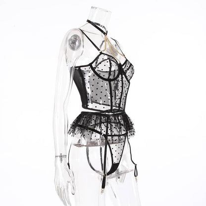 Lace Polka Dot Ruffle Bustier Bra Set Site View