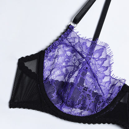 Purple Eyelash Lace Lingerie Set with Garter Bra Details