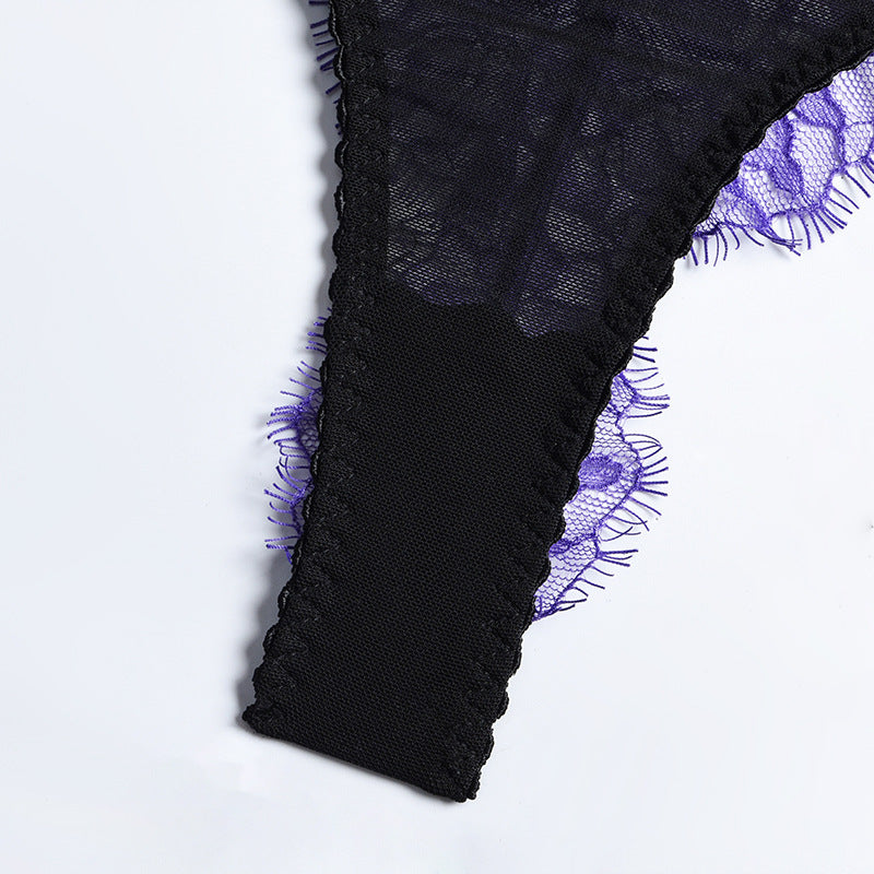 Purple Eyelash Lace Lingerie Set with Garter Crotch Details