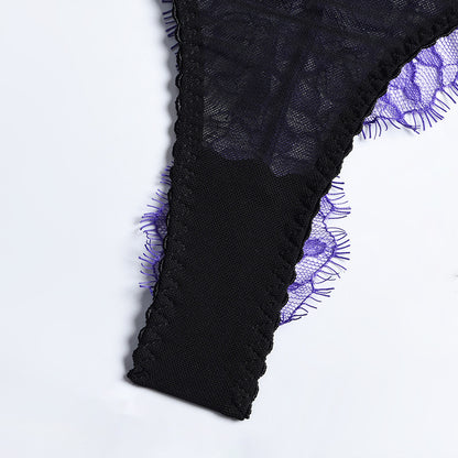 Purple Eyelash Lace Lingerie Set with Garter Crotch Details