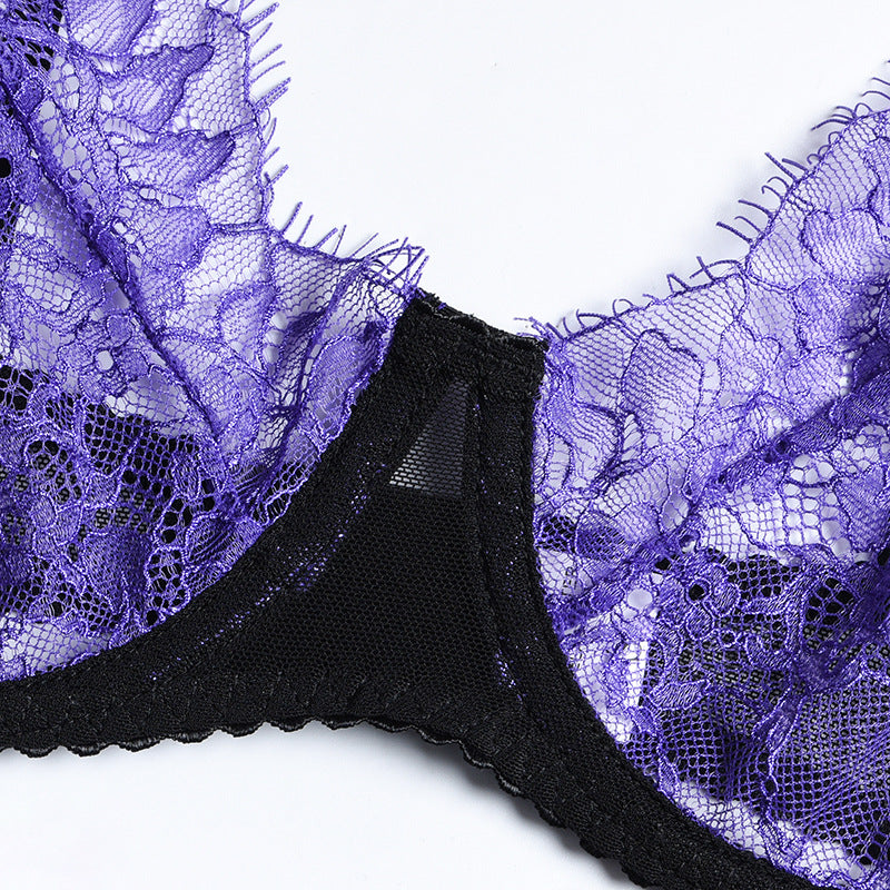 Purple Eyelash Lace Lingerie Set with Garter Lace Dispaly