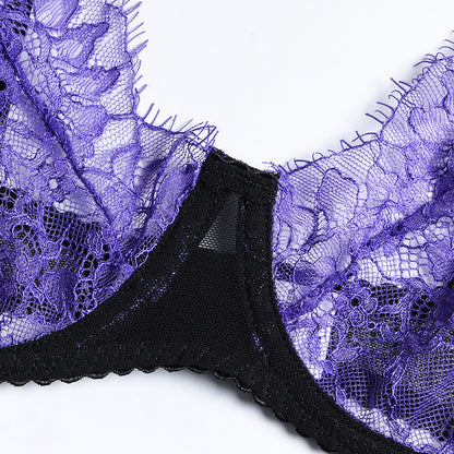 Purple Eyelash Lace Lingerie Set with Garter Lace Dispaly