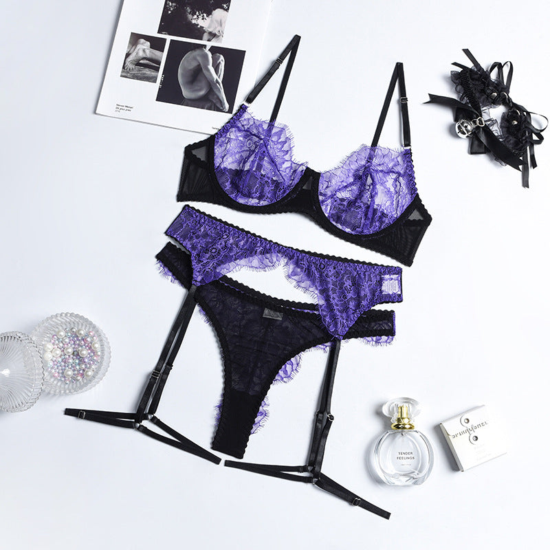Purple Eyelash Lace Lingerie Set with Garter Over View