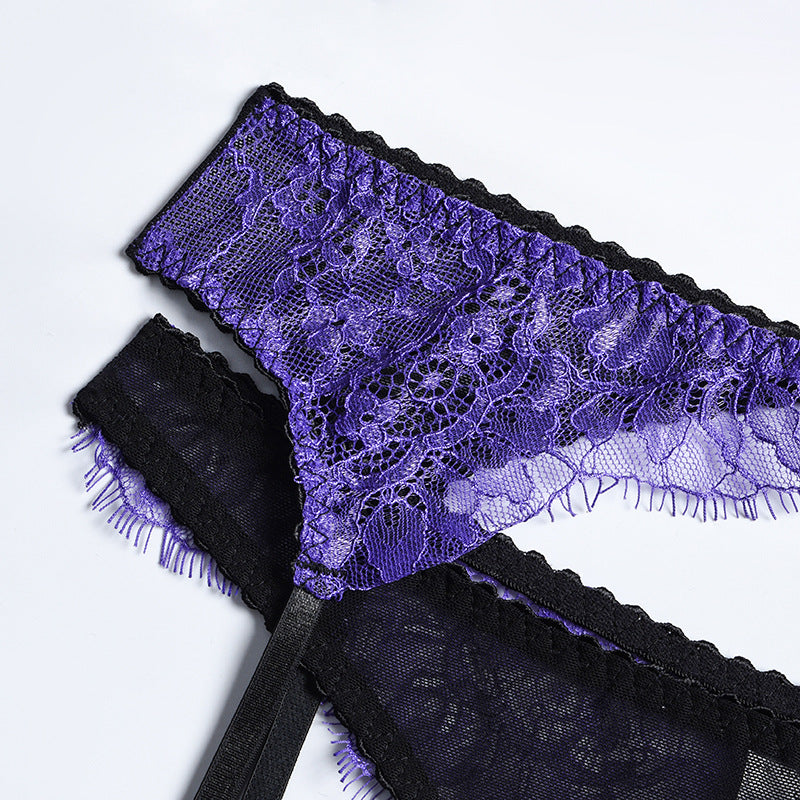 Purple Eyelash Lace Lingerie Set with Garter Waist Details