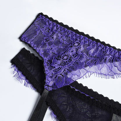 Purple Eyelash Lace Lingerie Set with Garter Waist Details