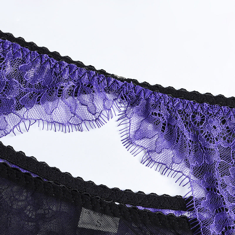 Purple Eyelash Lace Lingerie Set with Garter Waist Display