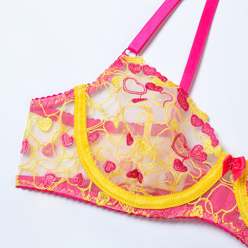 Wholesale Lace and Eyelash Bra and Panty Set with Love Embroidery Bra Details