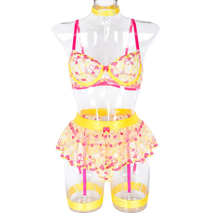 Wholesale Lace and Eyelash Bra and Panty Set with Love Embroidery Front Show