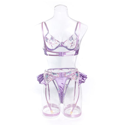 Wholesale Light Purple Floral Lace Garter Lingerie Set Back View