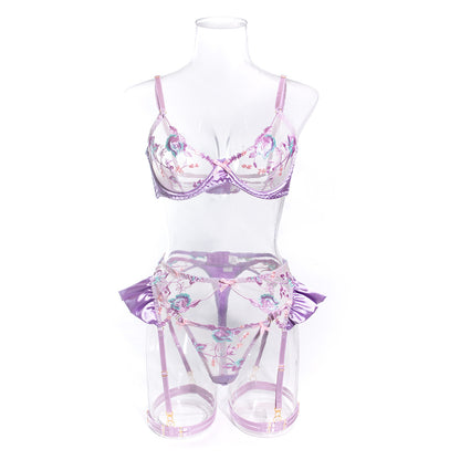 Wholesale Light Purple Floral Lace Garter Lingerie Set Front View