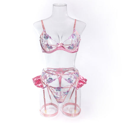 Wholesale Pink Floral Lace Garter Lingerie Set Front View