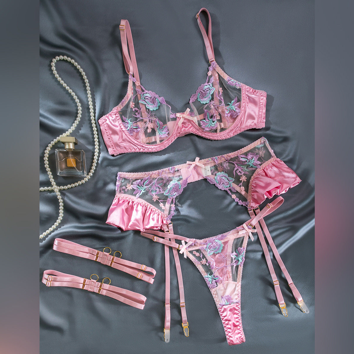 Wholesale Pink Floral Lace Garter Lingerie Set Over View