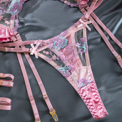 Wholesale Pink Floral Lace Garter Lingerie Set Panty Details