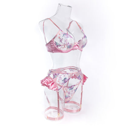 Wholesale Pink Floral Lace Garter Lingerie Set Side View