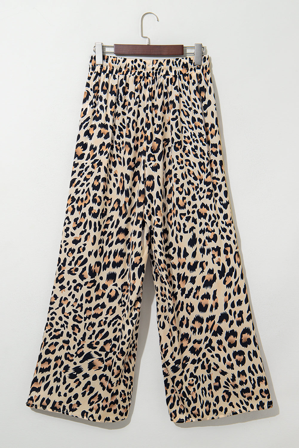 Parchment Leopard Drawstring Elastic Waistband Flowy Wide Leg Pants